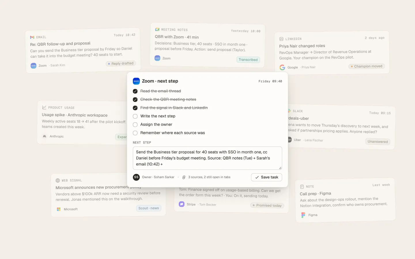 Manual assembly desk showing customer work stitched together from email, meetings, LinkedIn, and owner follow-up fragments