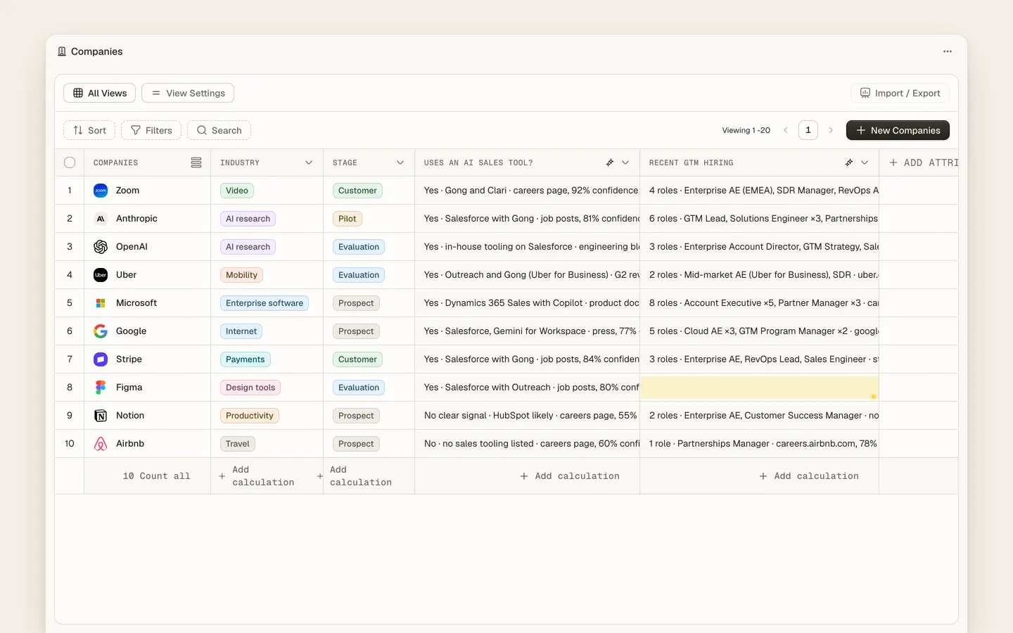 Heliyos company table with AI research columns completing qualification fields.