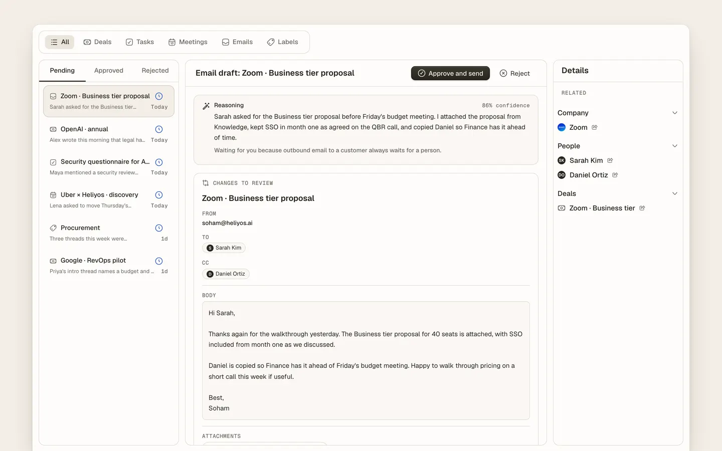 Heliyos outputs ready for review with generated documents, summaries, CRM update, sources, and review state.