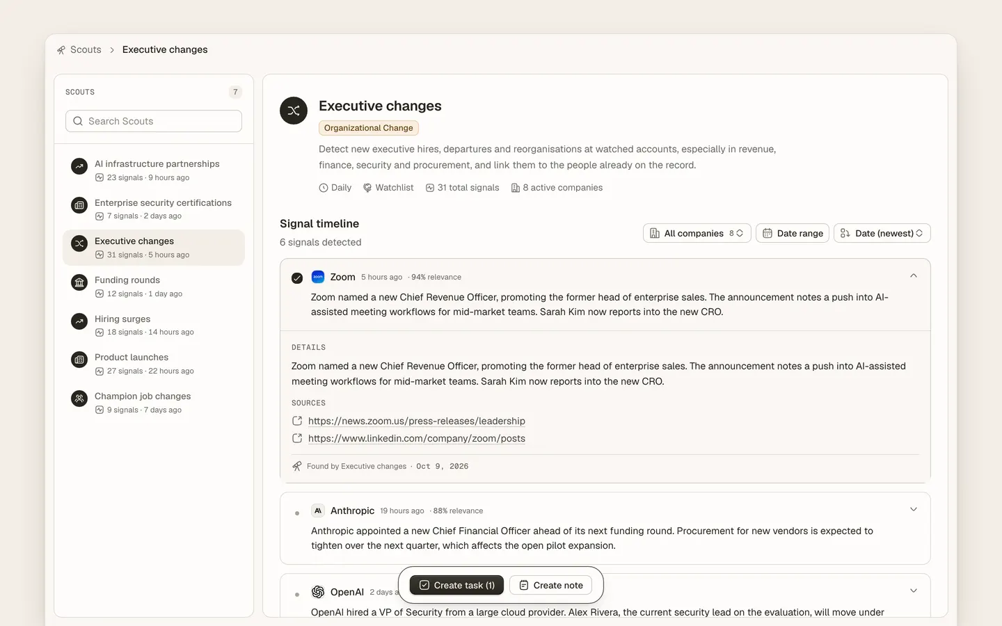Scout signals in Heliyos: funding, hiring and news signals matched to watched accounts with a fit score.