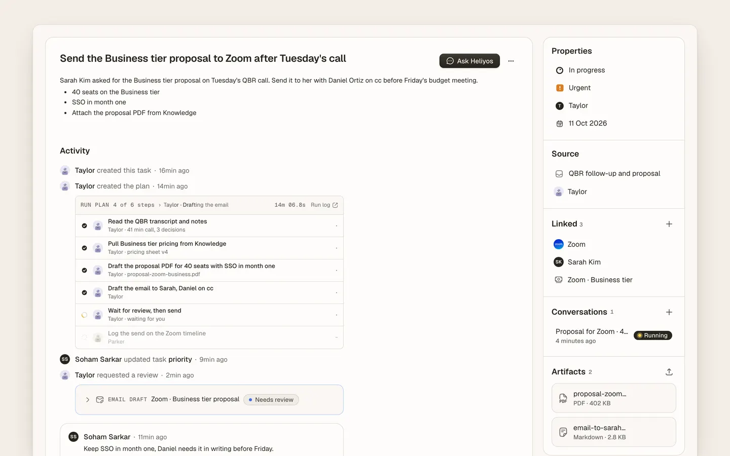 Generated customer deliverables including follow-up, deal updates, quote draft, and calendar invite
